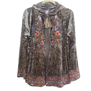 Andree By Unit Gray Crushed Velvet Embroidered Kimono Cardigan Sz S Hood Tie NEW